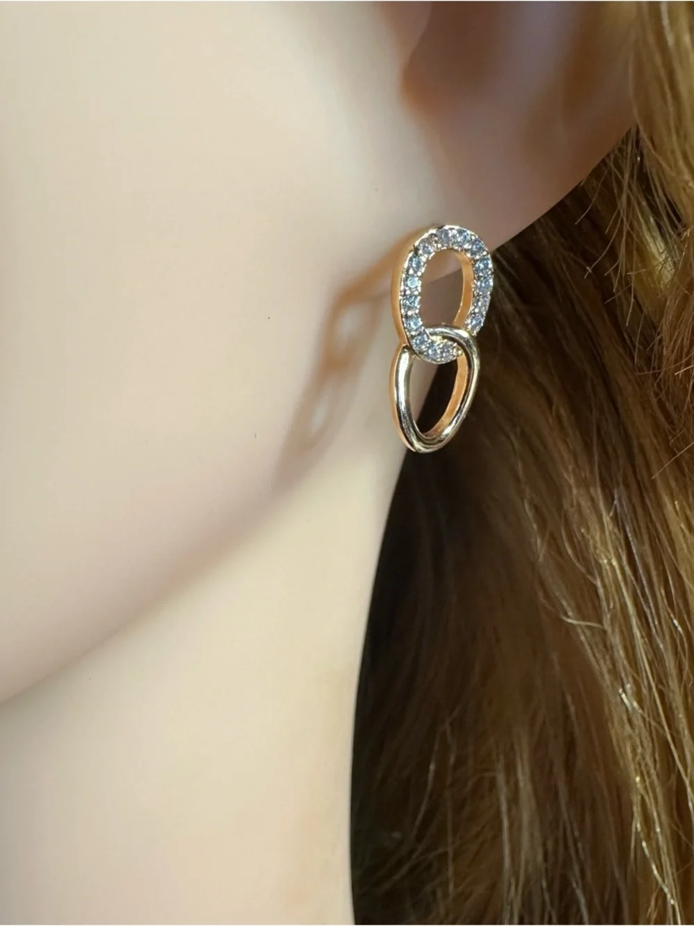 18K Gold Plated CZ Double Circle Stud Earrings | Linked Drop Style NWT